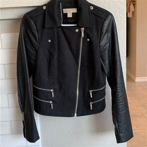 michael kors bomber jacket leather sleeve|Michael Kors leather biker jacket.